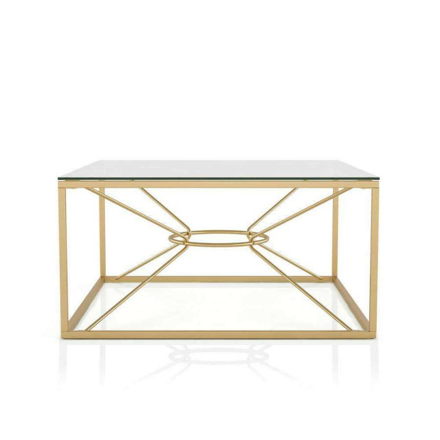 Living Room Furniture * | Karrey 35 .78 In. Gold Coating And Clear Square Glass Top Coffee Table By Furniture Of America