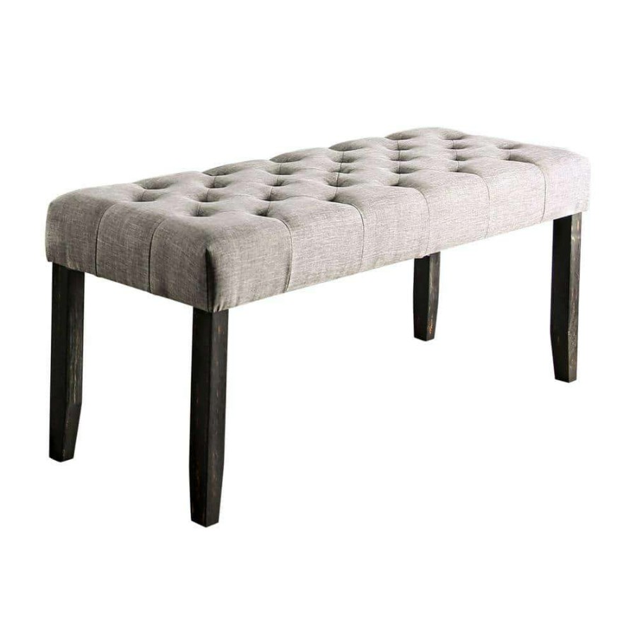 Bedroom Furniture * | Lorcan Antique Black And Light Gray Upholstered Bench By Furniture Of America