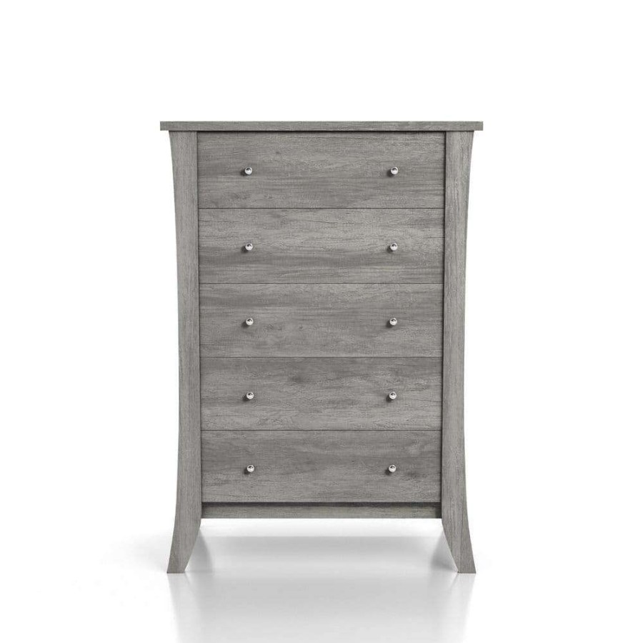 Bedroom Furniture * | Amberdahl 5-Drawer Vintage Gray Oak Dresser (43.5 In. H X 31.65 In. W X 17.28 In. D) By Furniture Of America