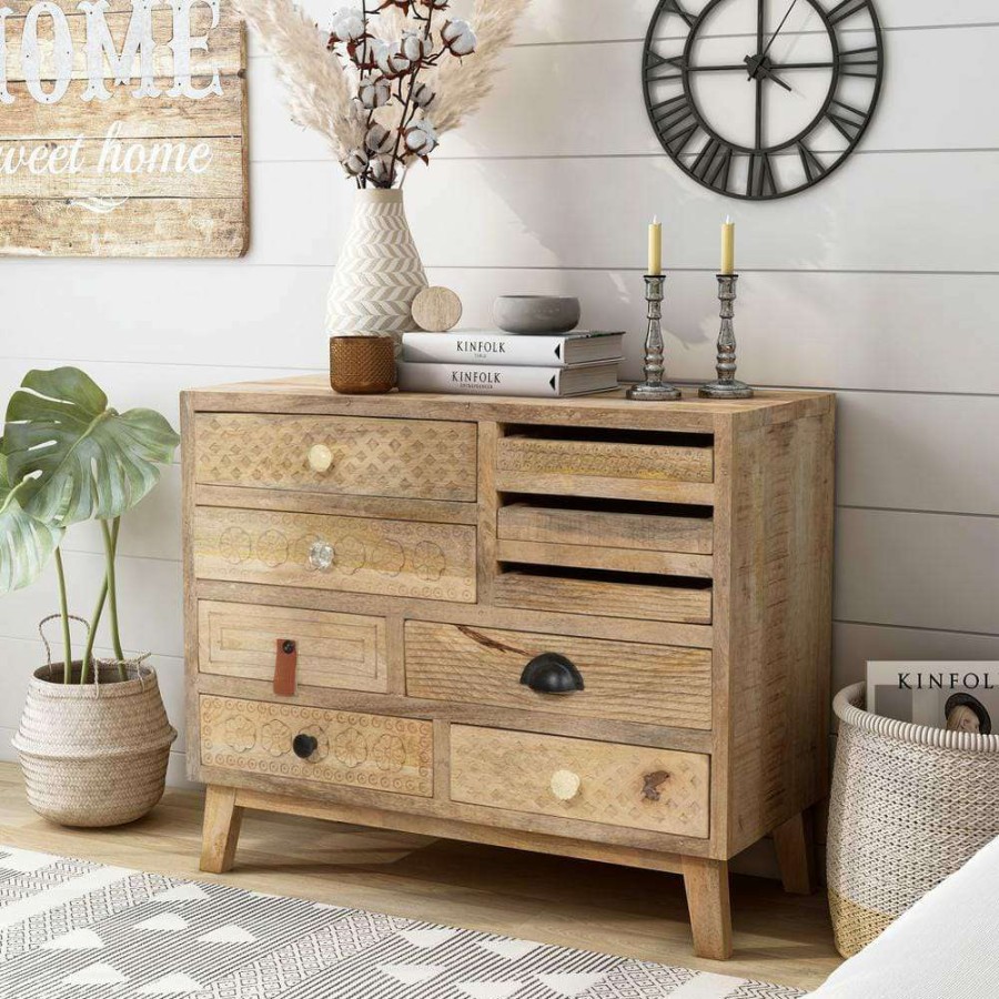 Living Room Furniture * | Amani Natural Mango Wood Hallway Accent Cabinet With 9-Drawers By Furniture Of America