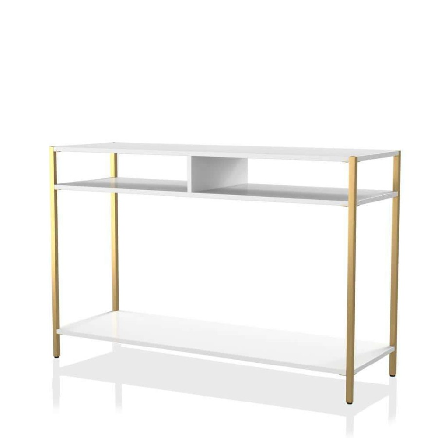 Living Room Furniture * | Huntz 47.75 In. White And Gold Coating Rectangle Wood Console Table By Furniture Of America