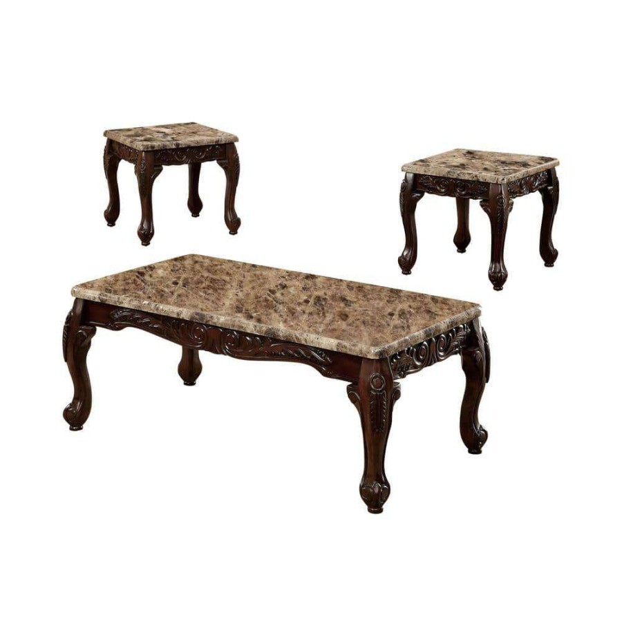 Living Room Furniture * | Semoleah 3-Piece 48 In. Dark Oak And Ivory Rectangle Faux Marble Coffee Table Set By Furniture Of America