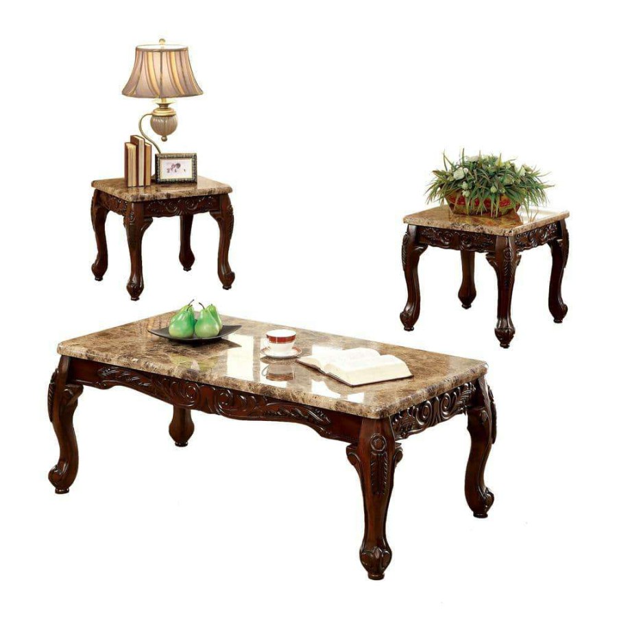 Living Room Furniture * | Semoleah 3-Piece 48 In. Dark Oak And Ivory Rectangle Faux Marble Coffee Table Set By Furniture Of America