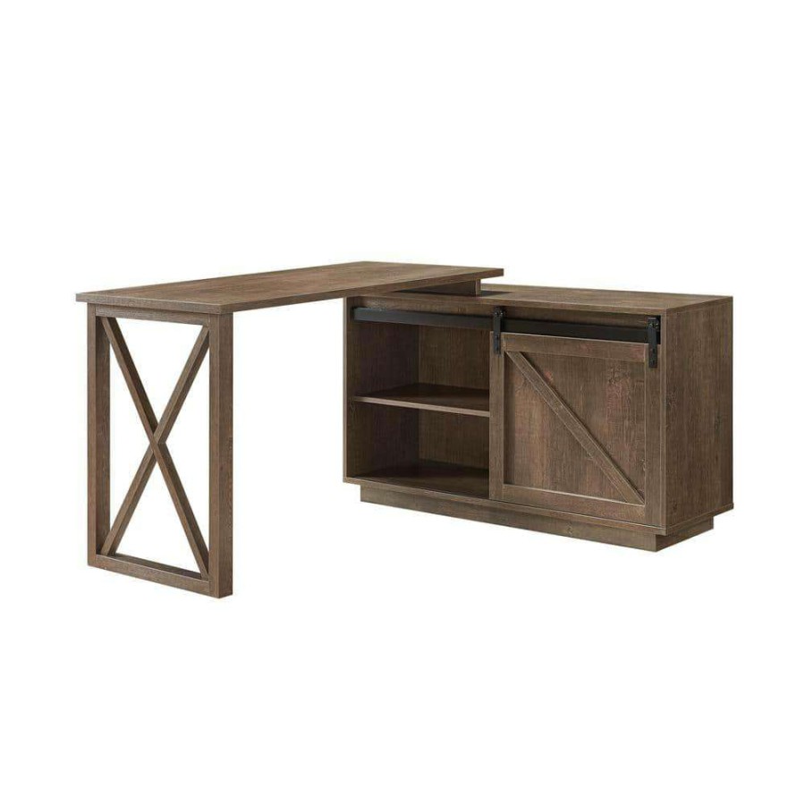 Home Office Furniture * | Carlie 56 In. Walnut Oak L-Shape Writing Desk With Sliding Barn Door By Furniture Of America