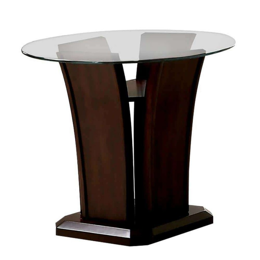 Living Room Furniture * | Ali 26 In. Brown Cherry Round Glass End Table By Furniture Of America