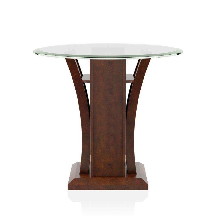 Living Room Furniture * | Ali 26 In. Brown Cherry Round Glass End Table By Furniture Of America