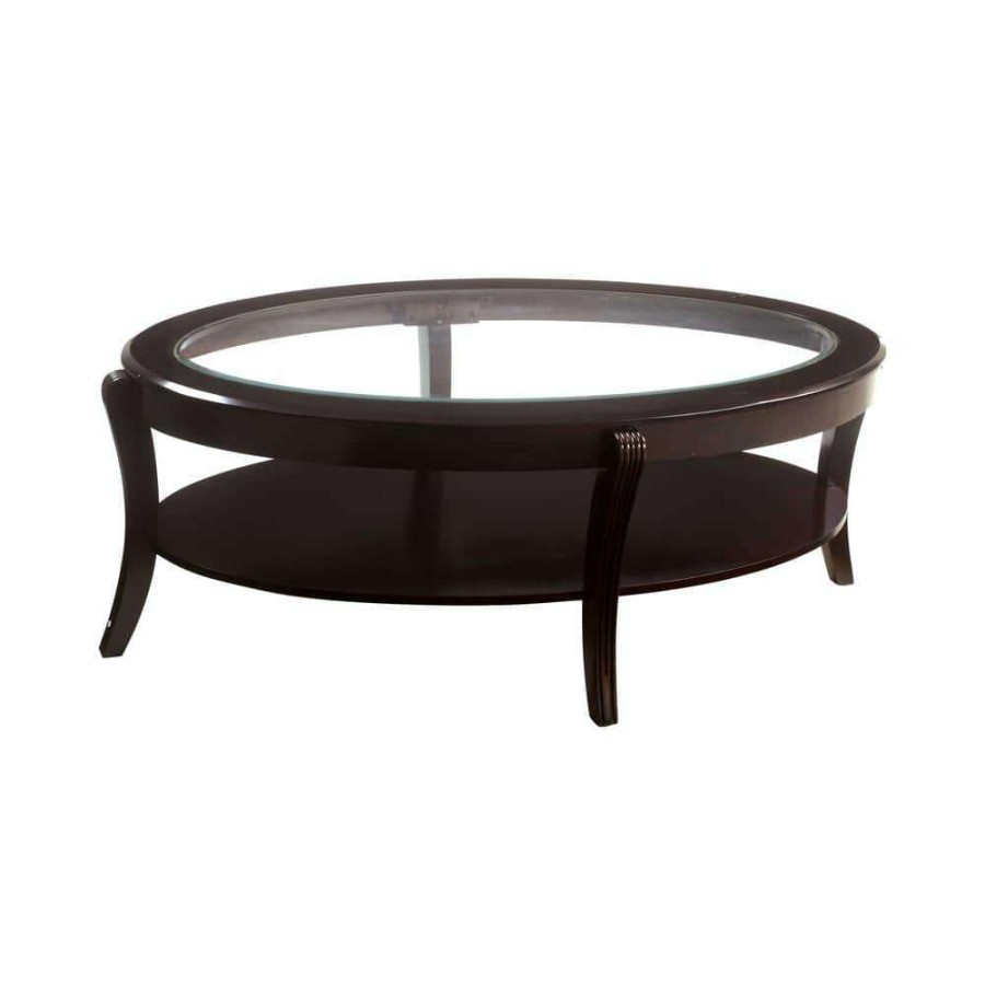 Living Room Furniture * | Uluru 52.5 In. Espresso And Clear Oval Glass Coffee Table With 1-Shelf By Furniture Of America