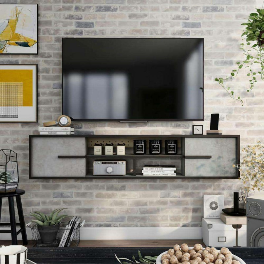 Living Room Furniture * | Nowlin 63 In. Faux Cement Mdf Floating Tv Stand With Sliding Doors Fits Up To 70 In Tv By Furniture Of America