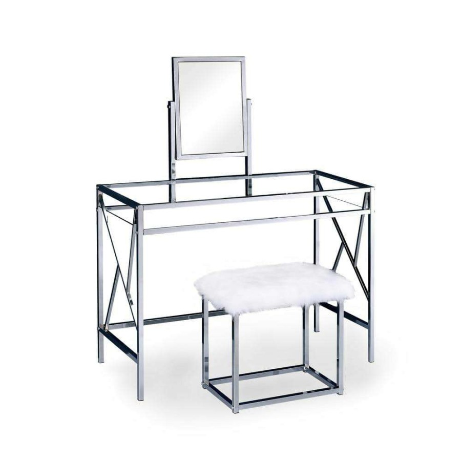 Bedroom Furniture * | Helaine Contemporary 2-Piece In Chrome Metal Vanity And Stool Set By Furniture Of America