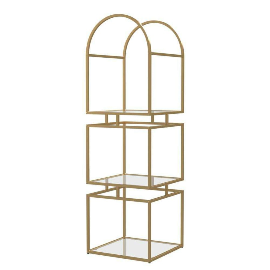 Home Office Furniture * | Staski 62.75 In. Gold Coating Metal 3-Shelf Bookcase With Glass Shelves By Furniture Of America