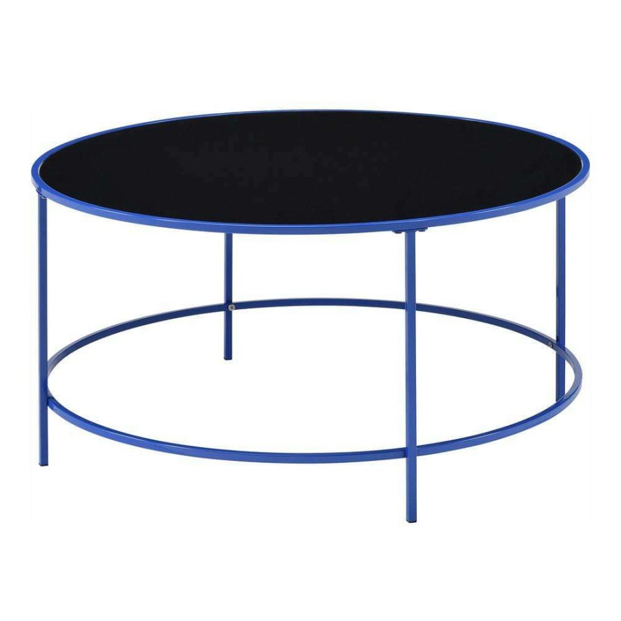 Living Room Furniture * | Skyes 36 In. Blue Coating Round Glass Top Coffee Table By Furniture Of America