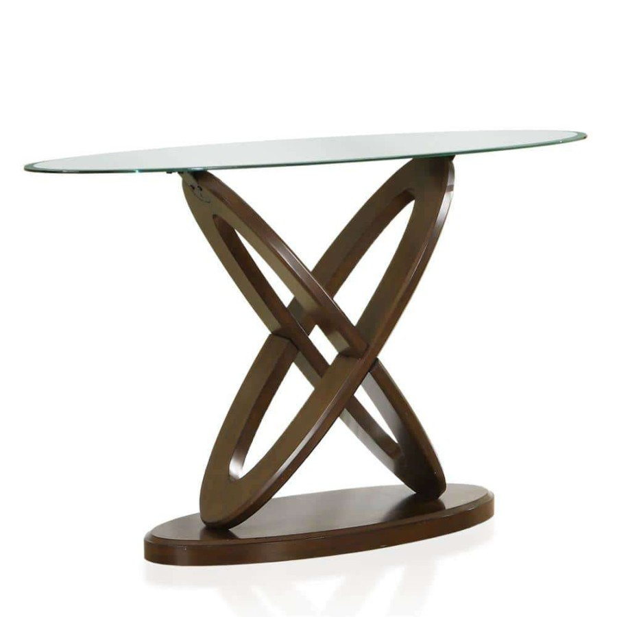 Living Room Furniture * | Quaze 48 In. Dark Walnut Oval Glass Console Table By Furniture Of America