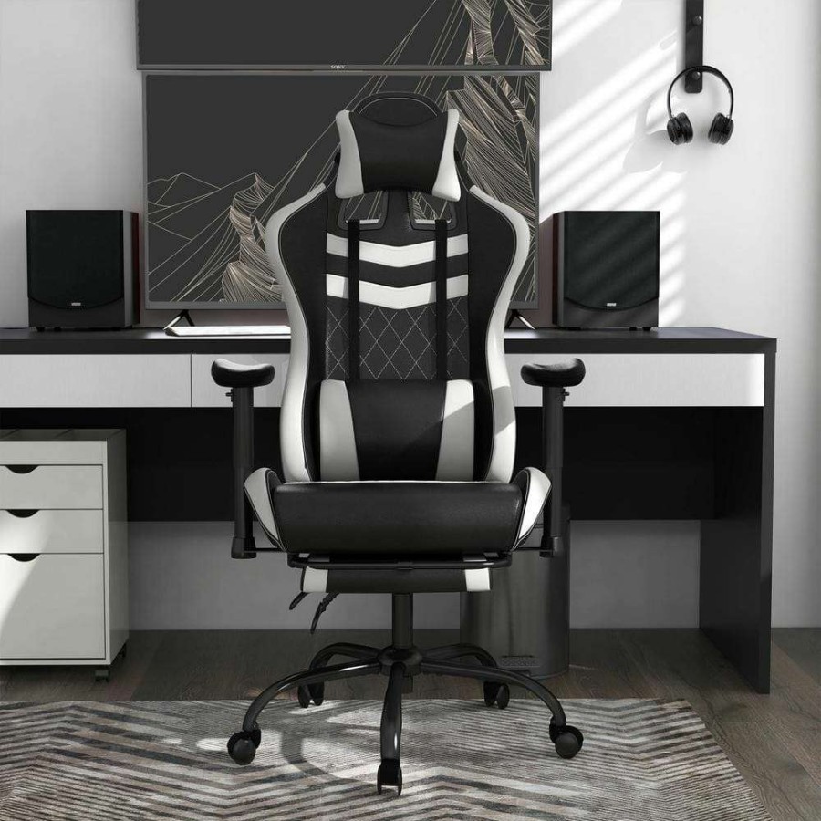 Home Office Furniture * | Cayde White Polyvinyl Diamond Stiching Gaming Chair With Adjustable Footrest And Headpillow By Furniture Of America