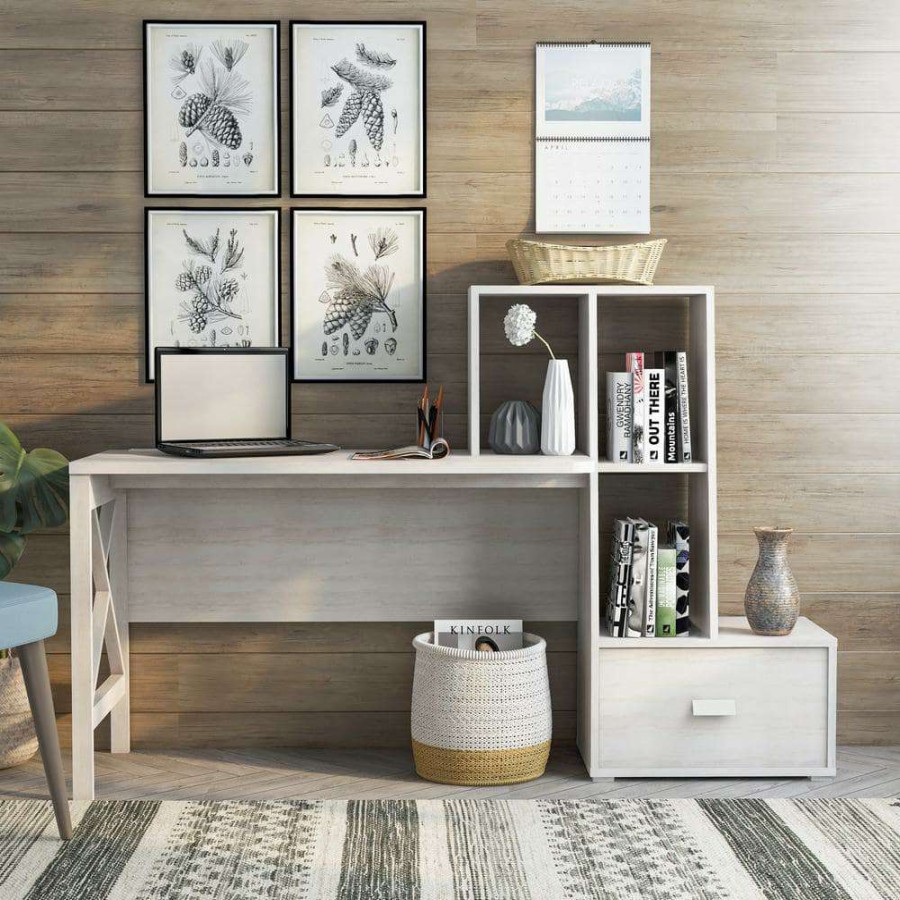 Home Office Furniture * | Reed 70.5 In. W Rectangle White Oak Mdf 1-Drawer Computer Desk With Bookshelves By Furniture Of America