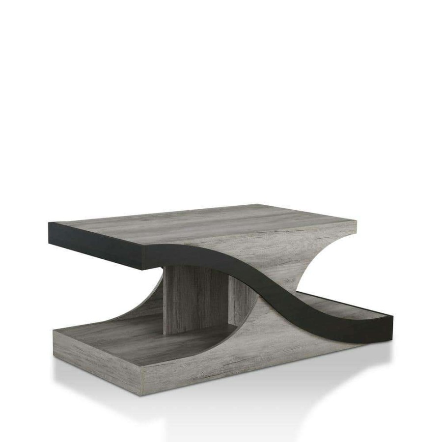 Living Room Furniture * | Ena 49 In. Vintage Gray Large Rectangle Wood Coffee Table With Shelves By Furniture Of America