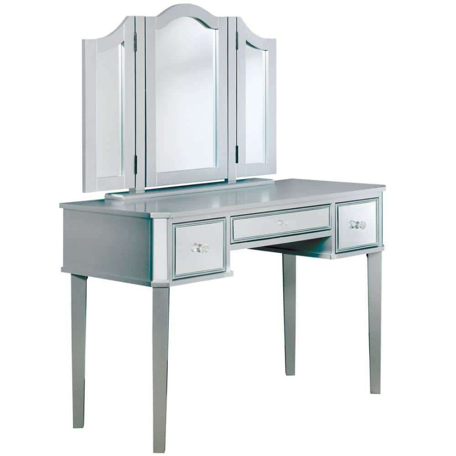 Bedroom Furniture * | Arriana 2-Piece Silver Tri-Fold Mirror Vanity Set By Furniture Of America