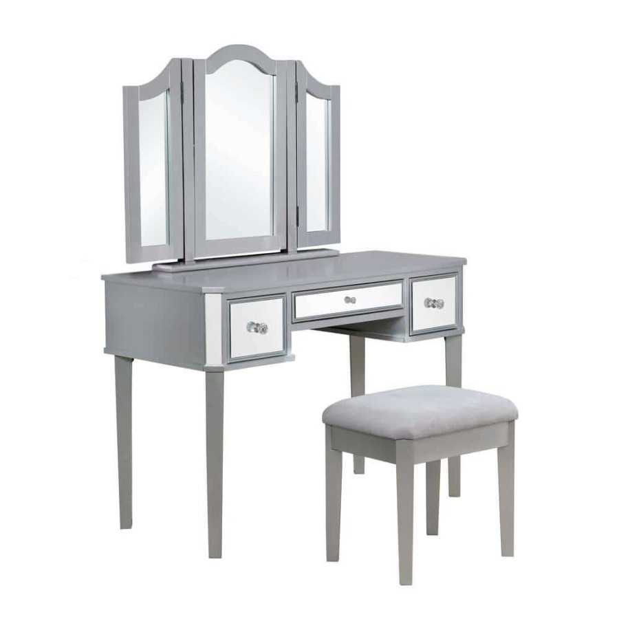 Bedroom Furniture * | Arriana 2-Piece Silver Tri-Fold Mirror Vanity Set By Furniture Of America