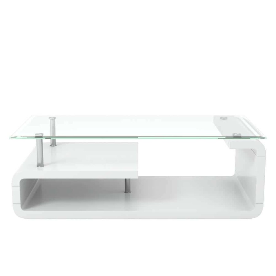 Living Room Furniture * | Bellamy 48 In. Glossy White/Clear Large Rectangle Glass Coffee Table With Shelf By Furniture Of America