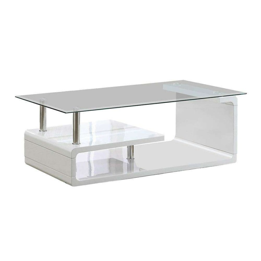 Living Room Furniture * | Bellamy 48 In. Glossy White/Clear Large Rectangle Glass Coffee Table With Shelf By Furniture Of America