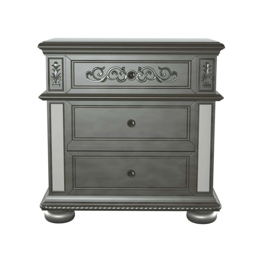 Bedroom Furniture * | Gina 3-Drawer Silver Nightstand By Furniture Of America