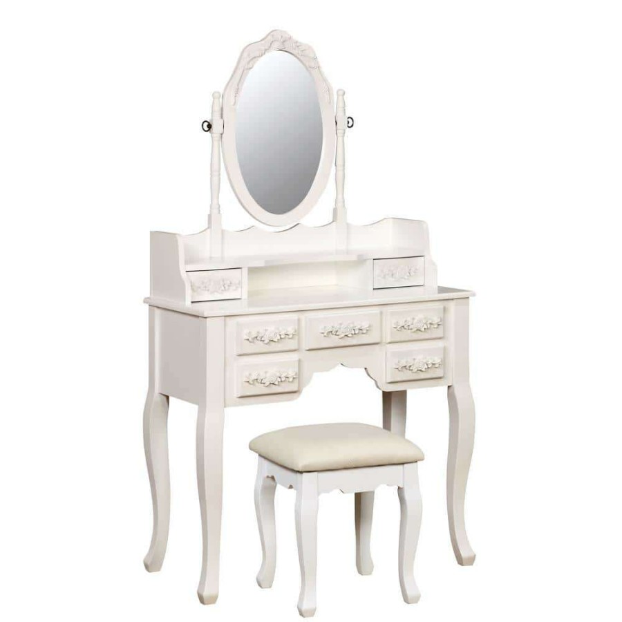 Bedroom Furniture * | Zehner 2-Piece White Oval Mirror Vanity Set By Furniture Of America