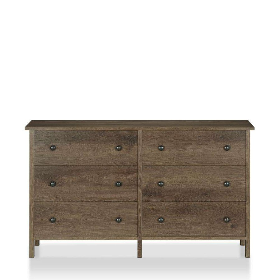 Bedroom Furniture * | London 6-Drawer Distressed Walnut Dresser By Furniture Of America