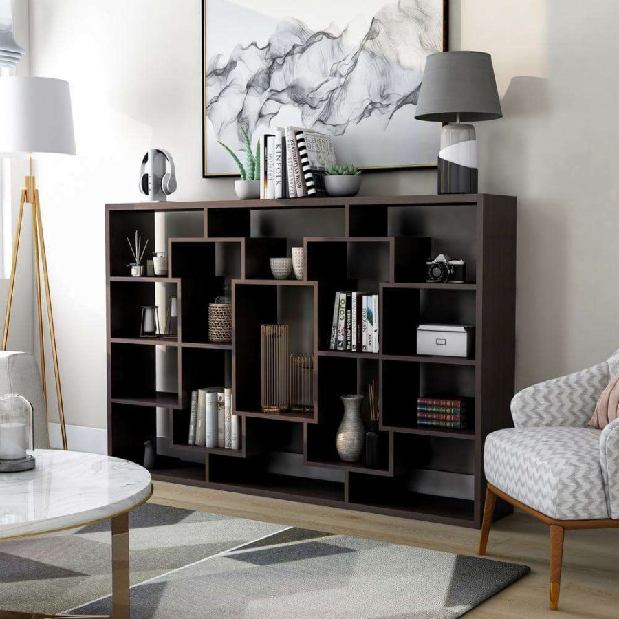 Home Office Furniture * | 71.2 In. Walnut Wood 15-Shelf Etagere Bookcase With Open Back By Furniture Of America