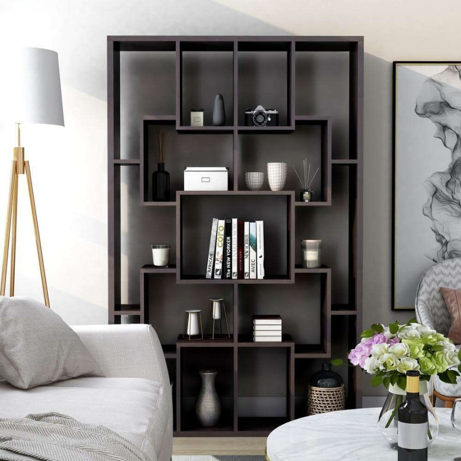 Home Office Furniture * | 71.2 In. Walnut Wood 15-Shelf Etagere Bookcase With Open Back By Furniture Of America