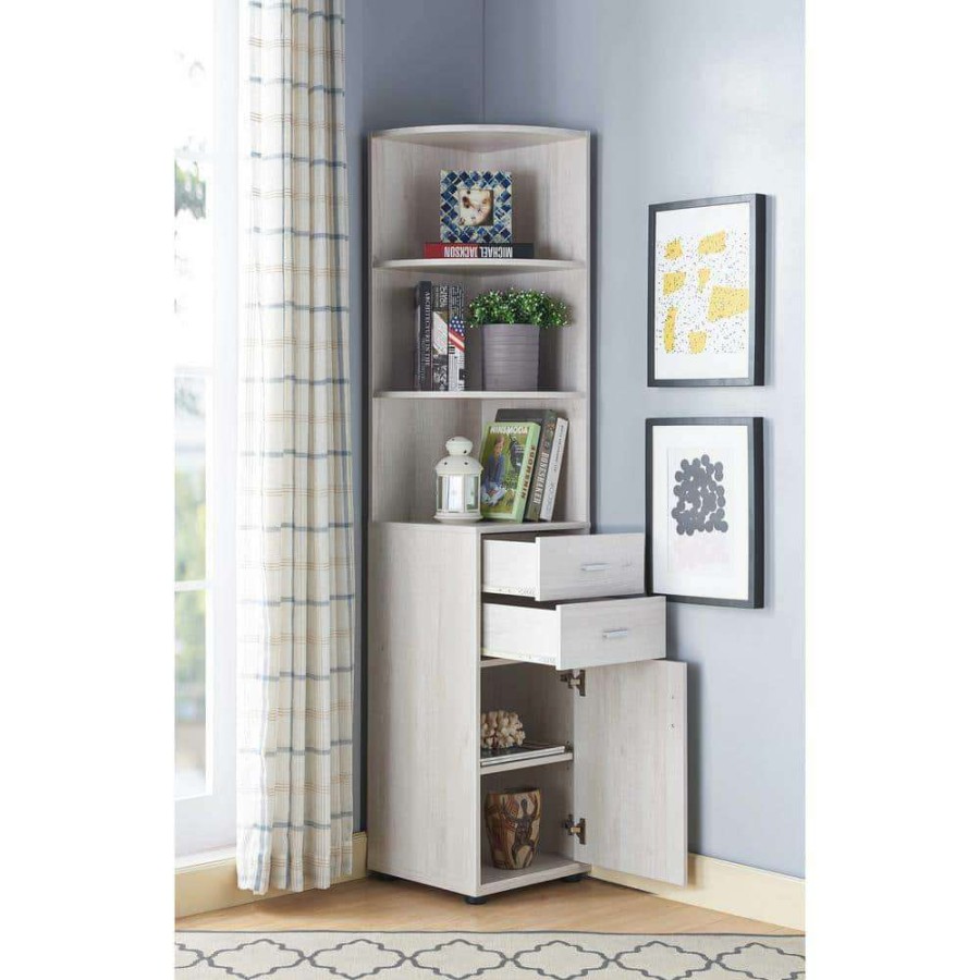 Home Office Furniture * | Hassan 70.75 In. H. Weathered Oak 6-Shelf Corner Bookshelf With Drawers By Furniture Of America