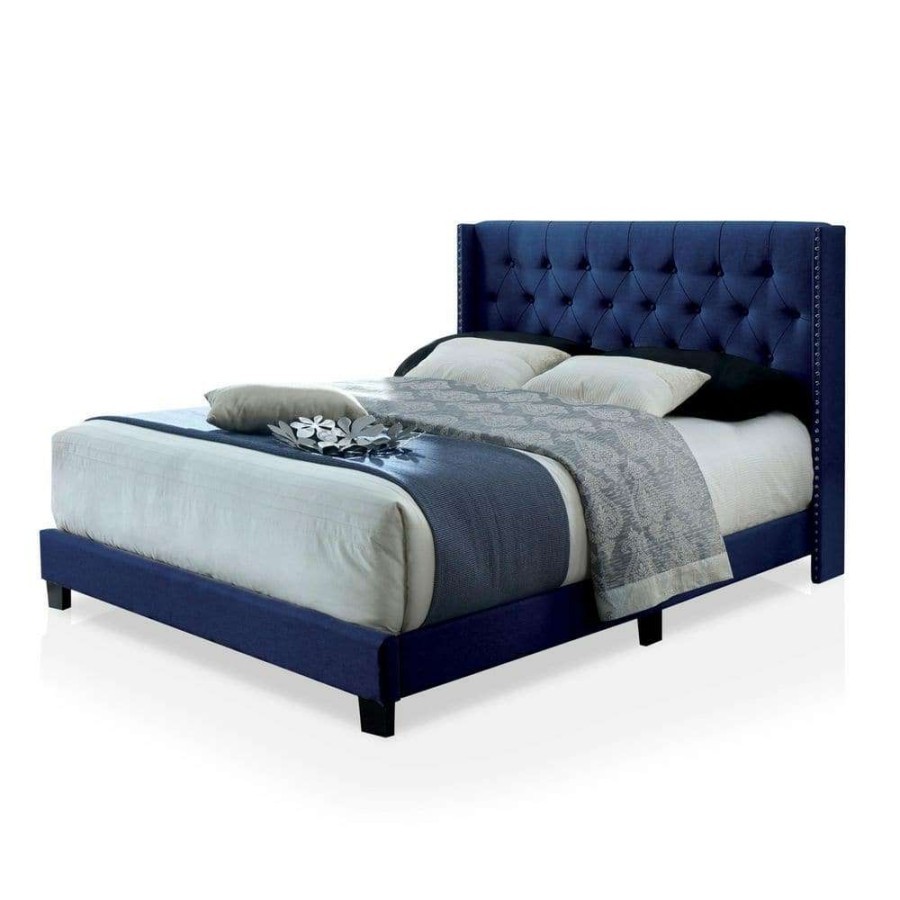 Bedroom Furniture * | Jayland Blue Twin Panel Bed With Button-Tufted Headboard By Furniture Of America