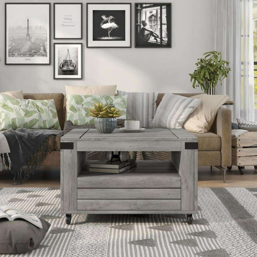 Living Room Furniture * | Doreen 31.5 In. L Vintage Gray Oak 19.7 In. H Square Veneer Coffee Table With 1-Drawer And Wheels By Furniture Of America