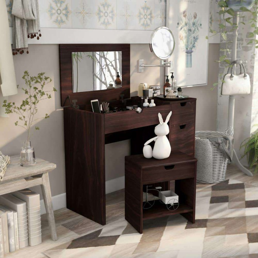 Bedroom Furniture * | Clover 2-Piece Espresso Vanity With Stool By Furniture Of America