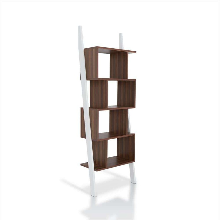 Home Office Furniture * | Keli 71 In. Light Walnut/White Faux Wood 9-Shelf Etagere Bookcase With Open Back By Furniture Of America