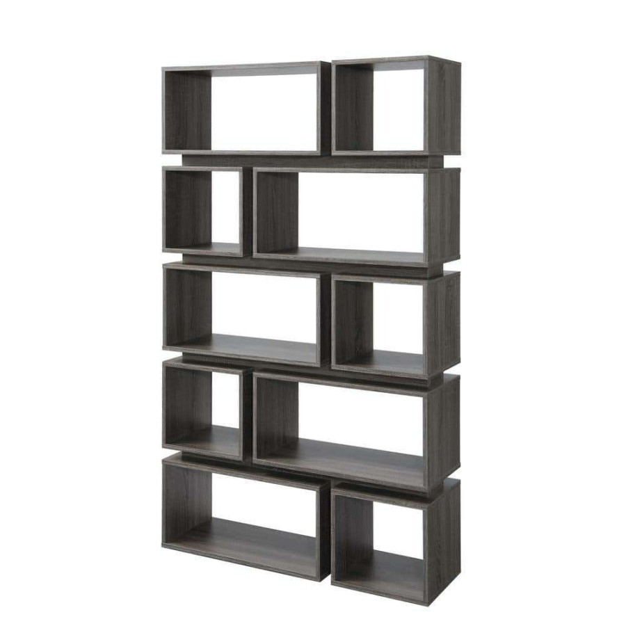 Home Office Furniture * | Gari 65.25 In. Distressed Gray/Black Faux Wood 10-Shelf Etagere Bookcase With Open Back By Furniture Of America