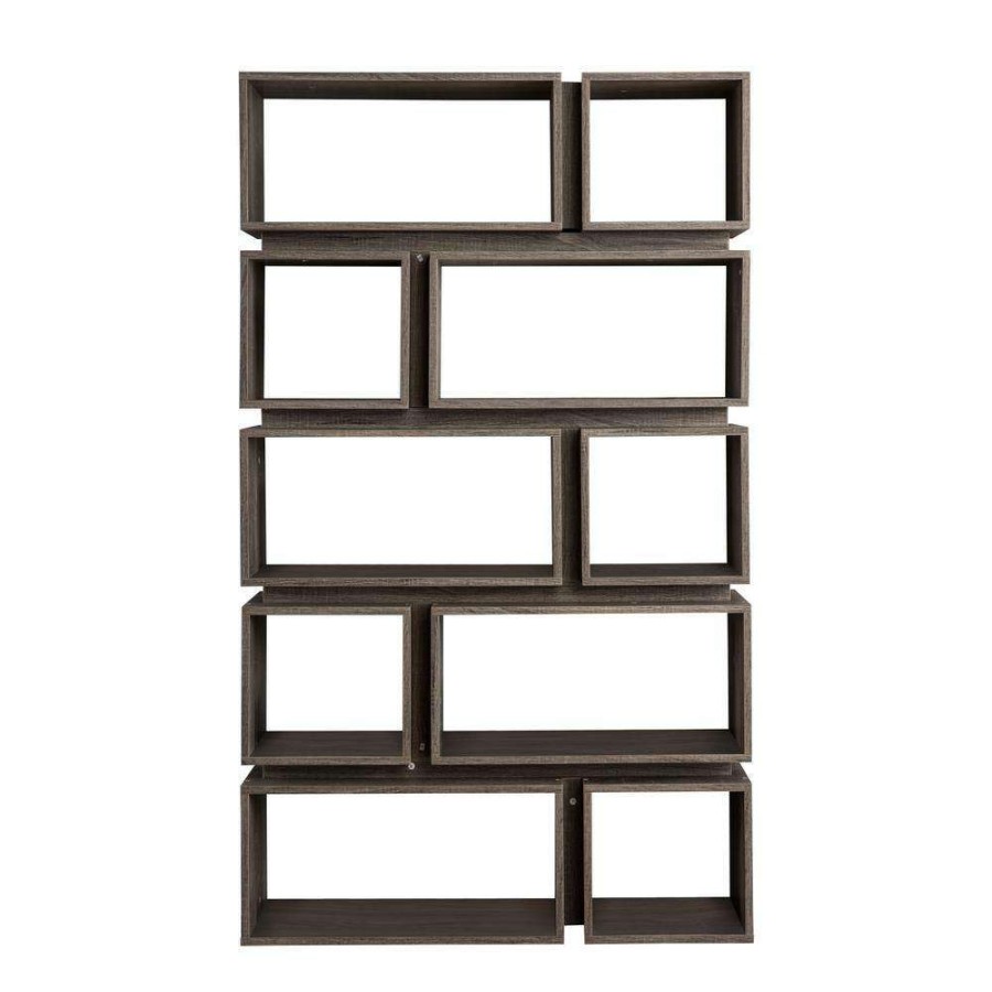 Home Office Furniture * | Gari 65.25 In. Distressed Gray/Black Faux Wood 10-Shelf Etagere Bookcase With Open Back By Furniture Of America